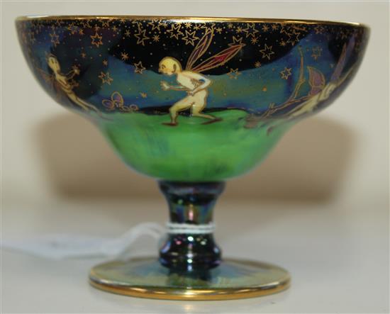 A Wedgwood Fairyland lustre Leap Frogging Elves pedestal bowl, designed by Daisy Makeig-Jones, height 3.2in.